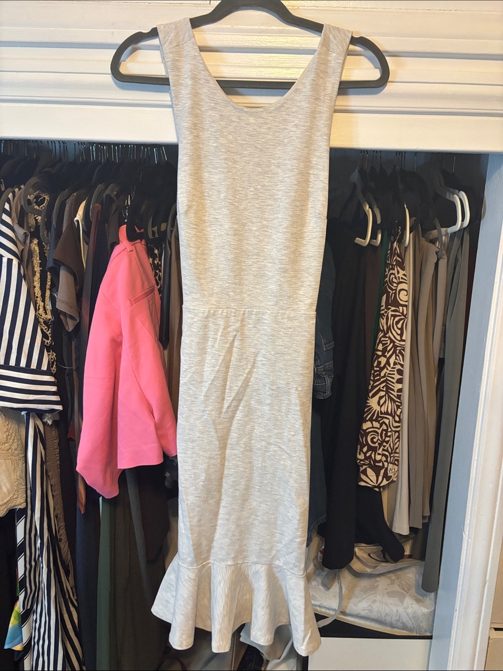 Light Gray Sleeveless Criss Cross Back Fitted Stretch Ruffle-Hem Dress
